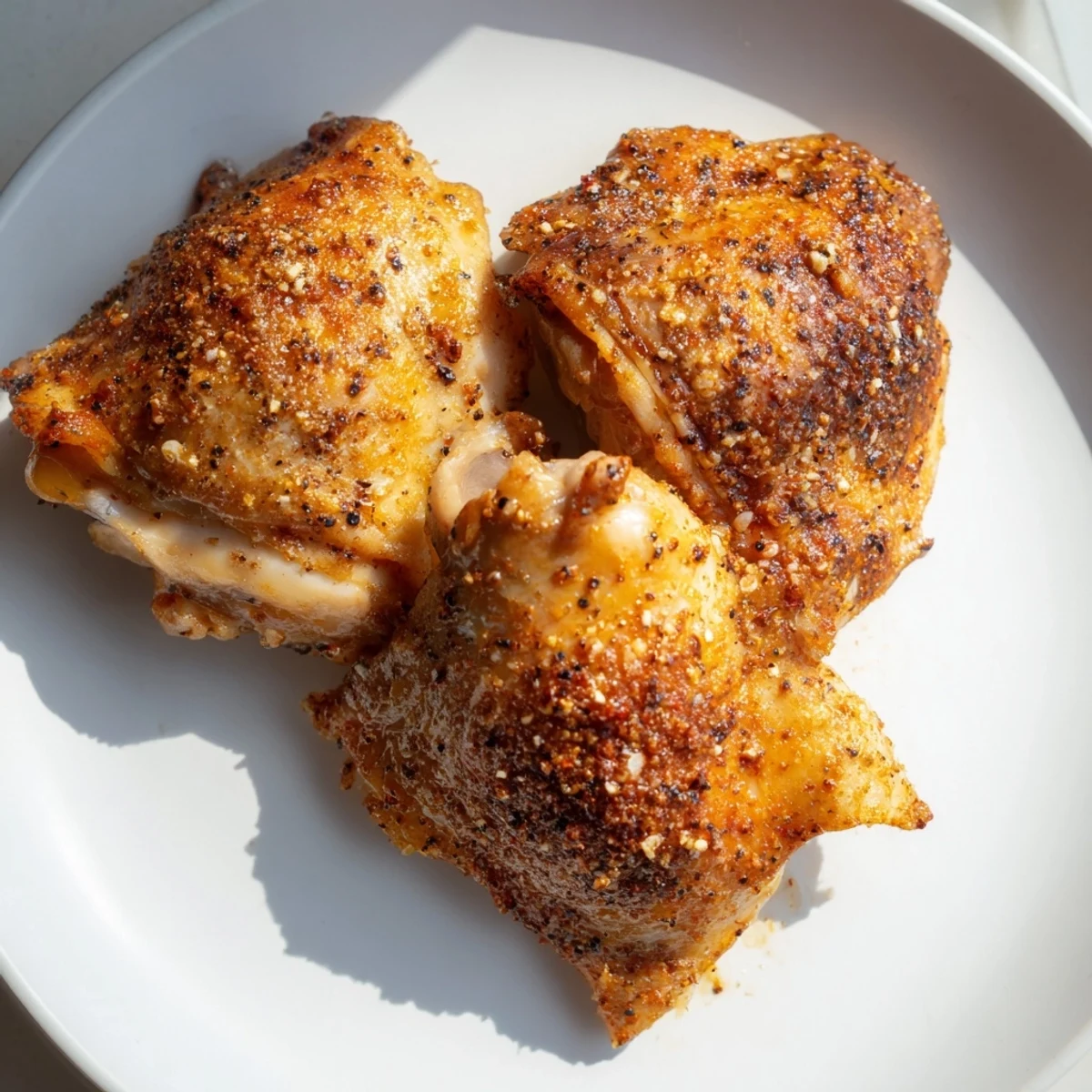 Perfectly cooked crispy skin chicken thighs, showcasing the delicious, juicy meat after roasting in the oven.