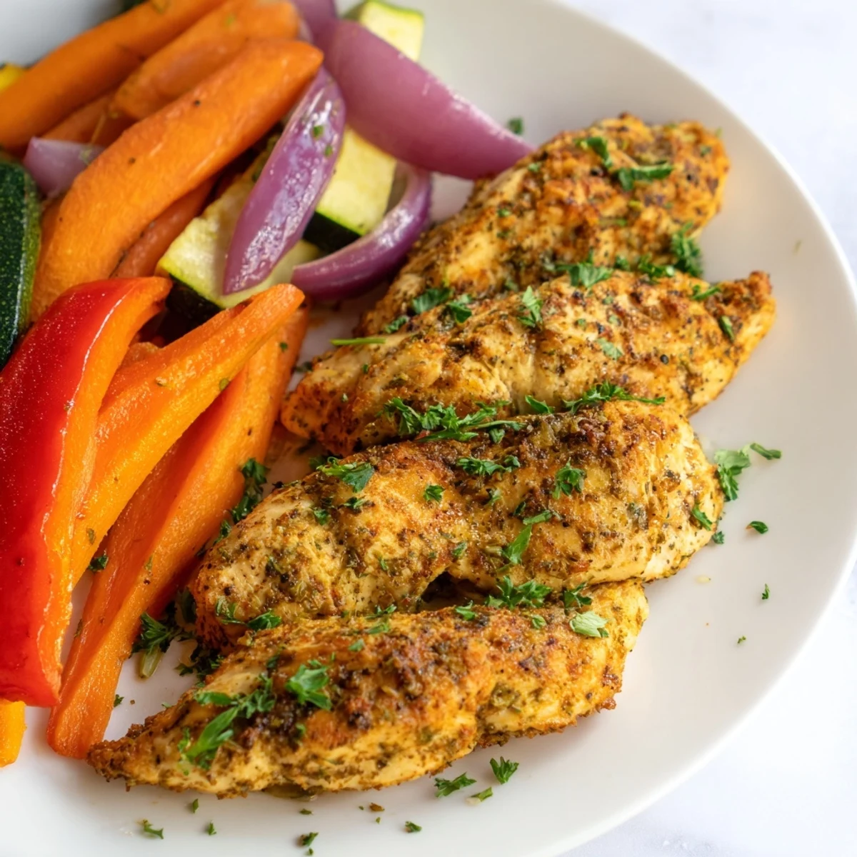 Juicy Savory Herb Chicken with roasted veggies offering a delightful aroma and beautiful color contrast.