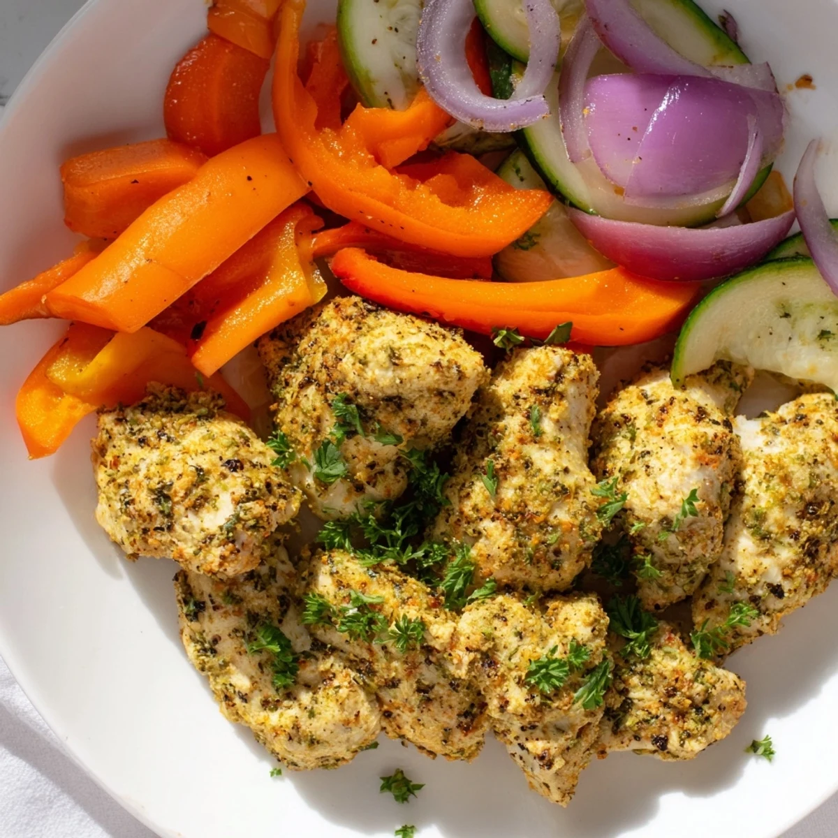 Golden roasted vegetables surround the tender Savory Herb Chicken, ready for a delicious gluten-free dinner.