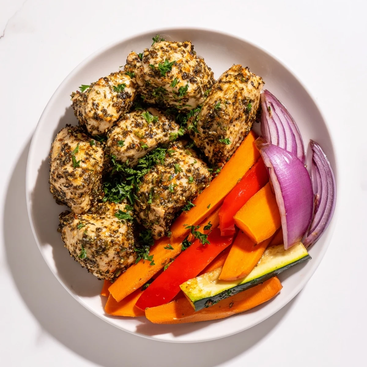 Enjoy the inviting image: golden Savory Herb Chicken breasts nestled beside vibrant roasted seasonal vegetables.