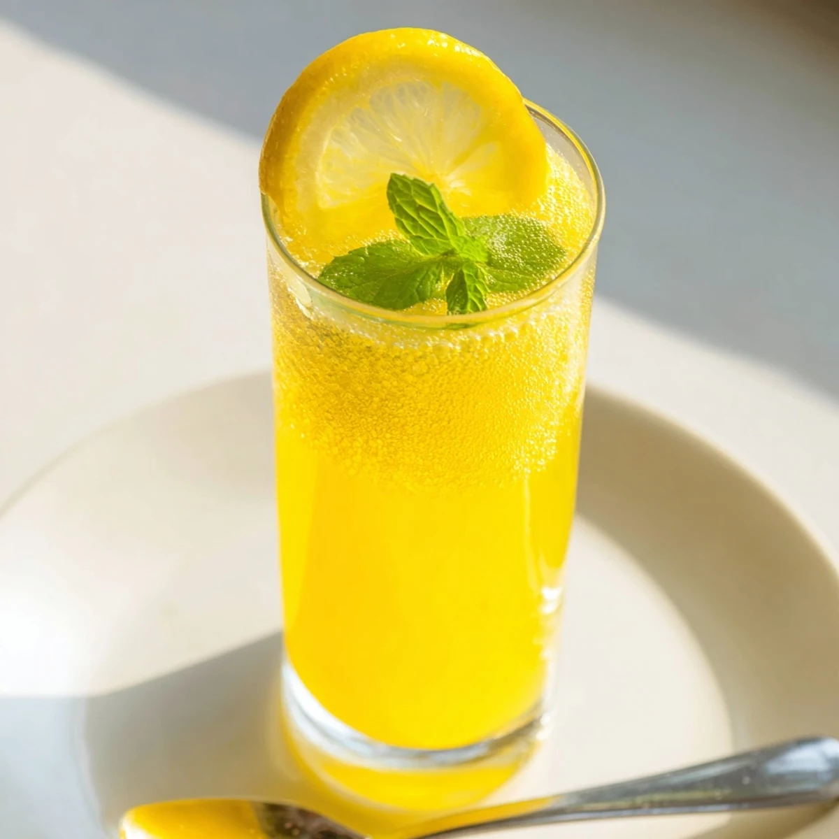 Homemade lemon juice recipe served in a clear pitcher with ice and lemon slices.