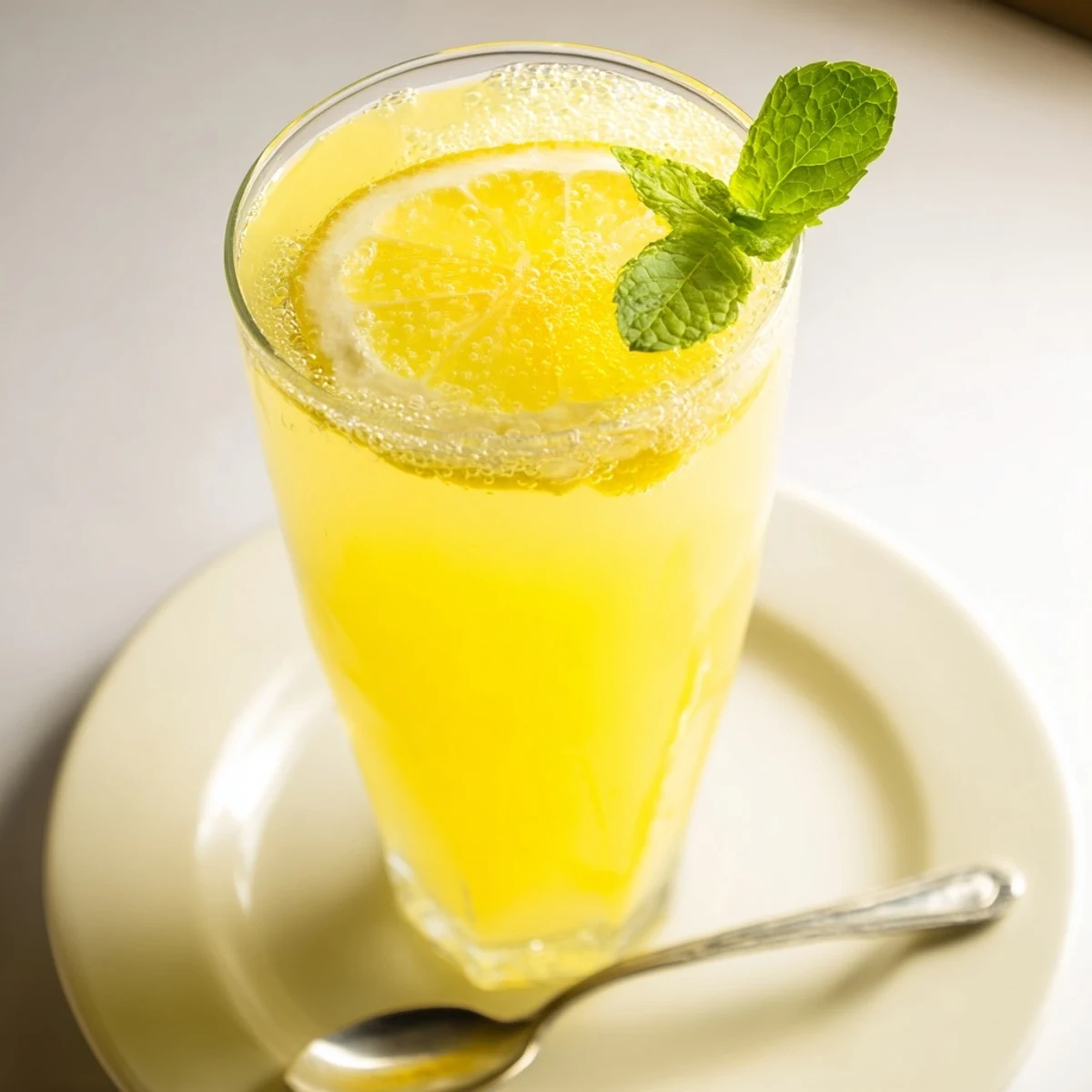 Close-up of freshly squeezed lemon juice in a glass, a vibrant, refreshing drink.