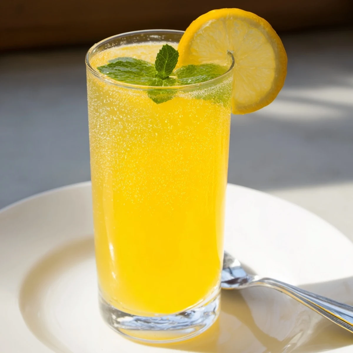 Bright yellow lemon juice ready to drink; a simple, delicious summertime classic.