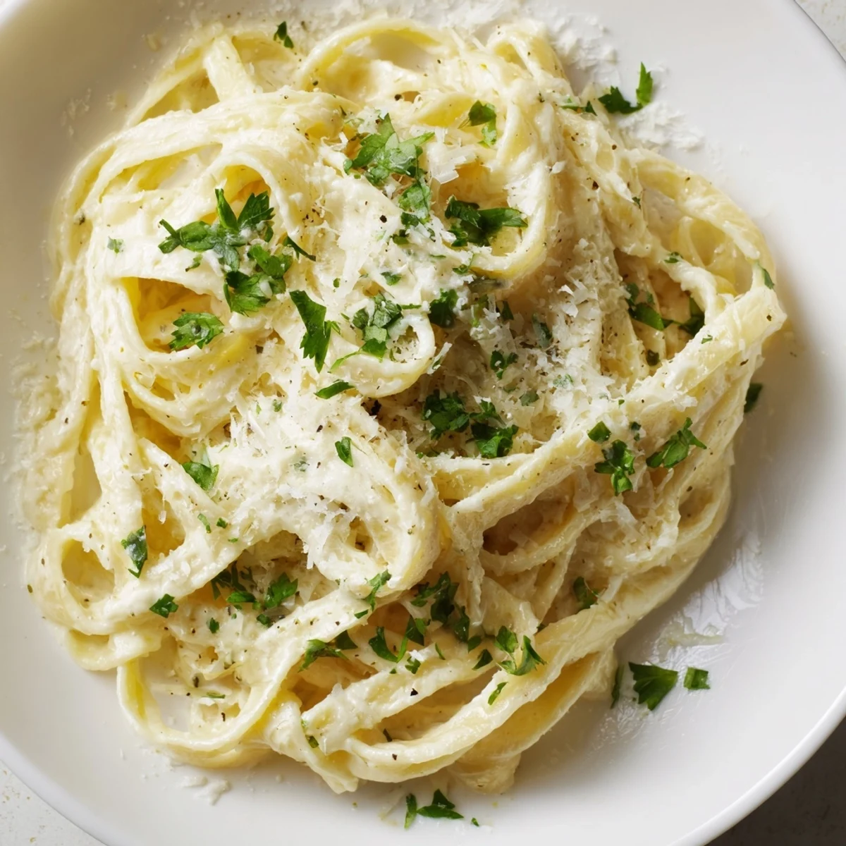A steaming bowl of Creamy Pasta, coated in a rich sauce and sprinkled with fresh parsley.