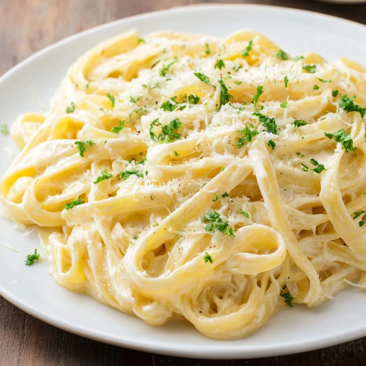 Garnished Creamy Pasta: cheese-covered pasta, a comforting Italian dinner with creamy texture.