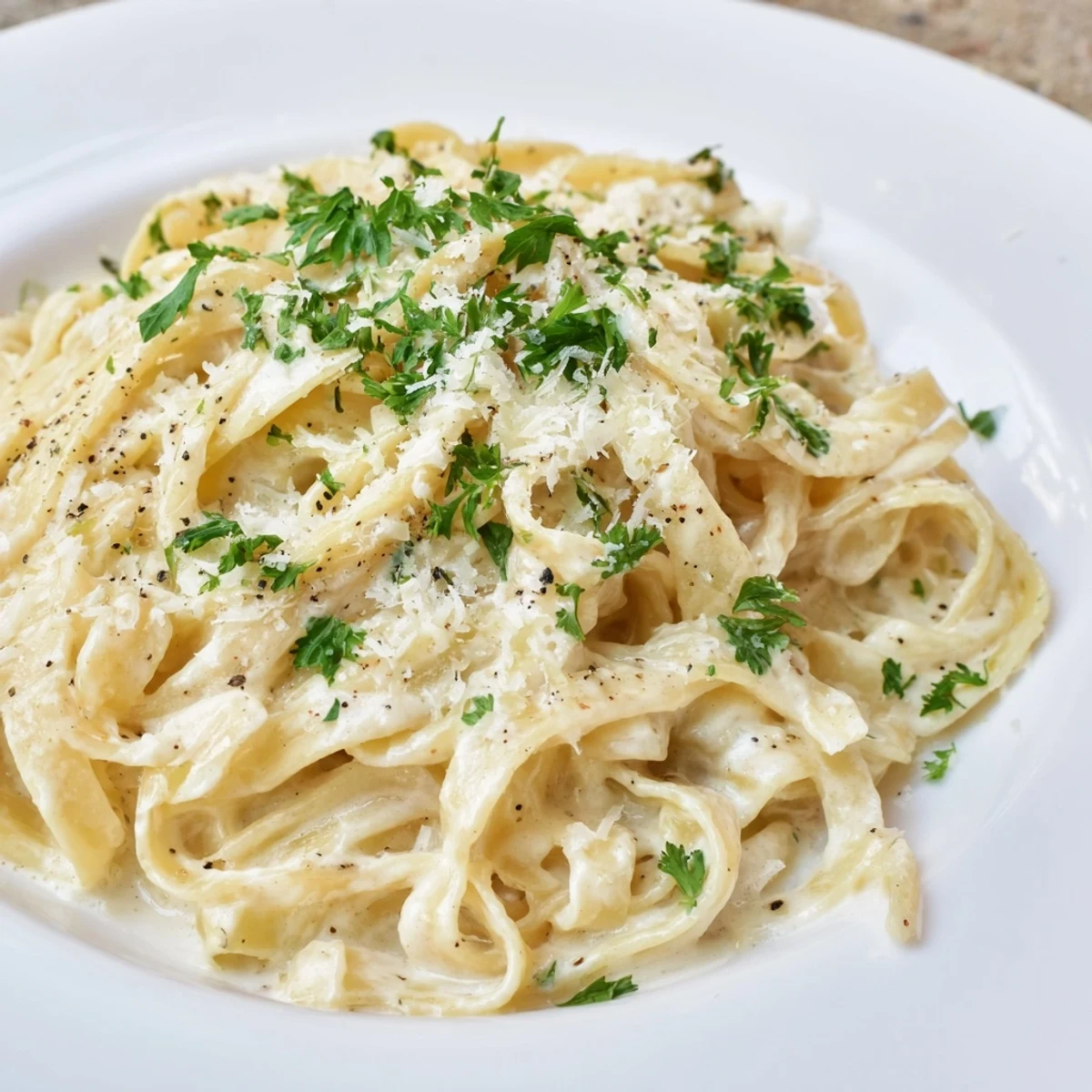 Tender fettuccine pasta smothered in a velvety cream sauce, showcasing classic Creamy Pasta.