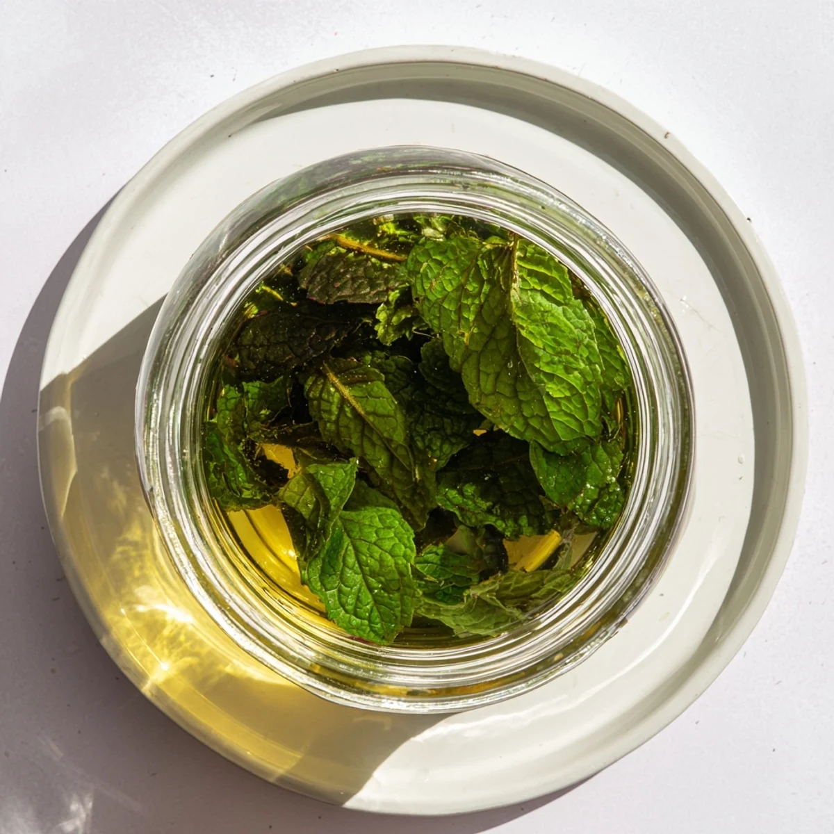 Fresh peppermint leaves steeping in golden oil, creating flavorful homemade peppermint oil.