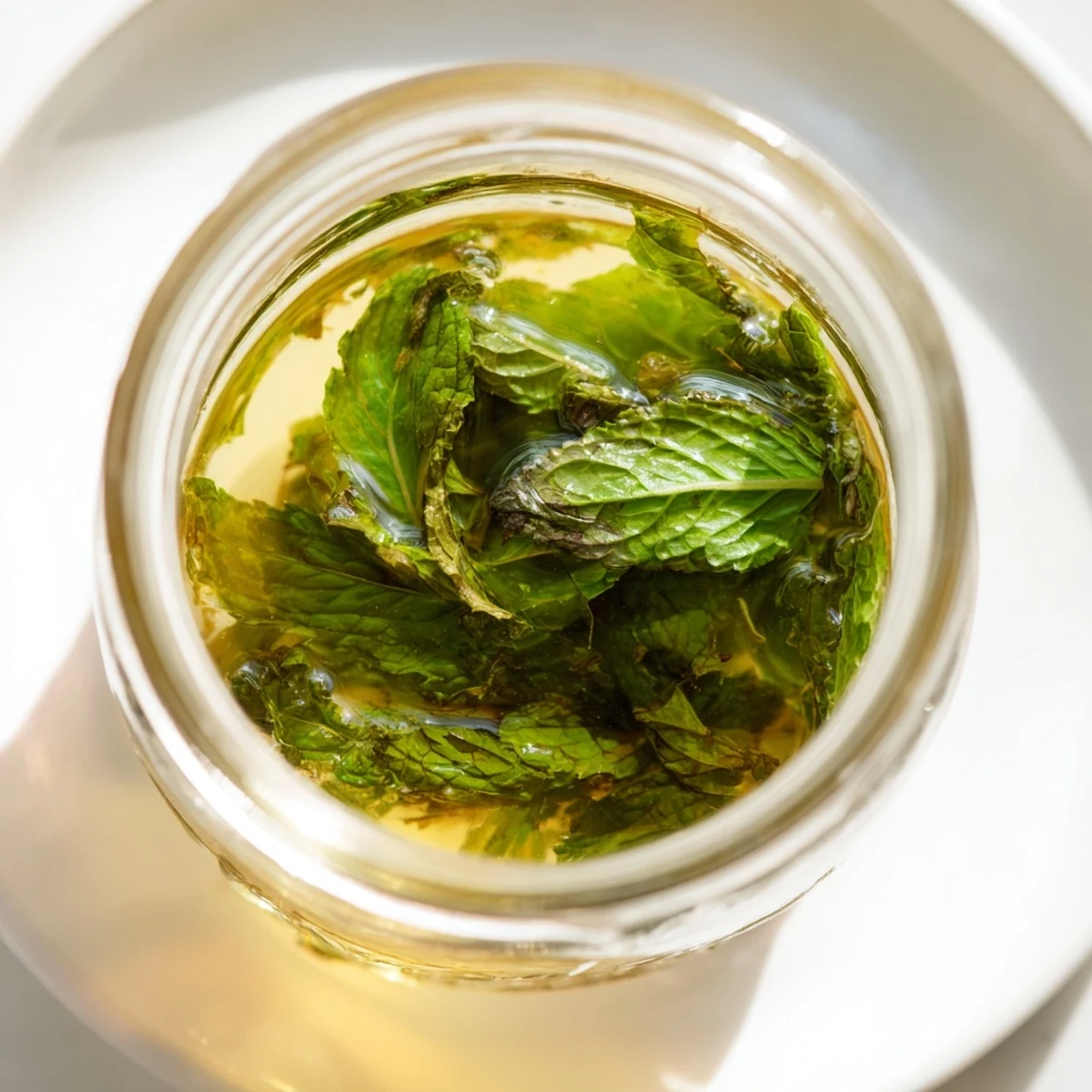 Homemade vibrant green peppermint oil, perfect for cooking, ready to infuse.