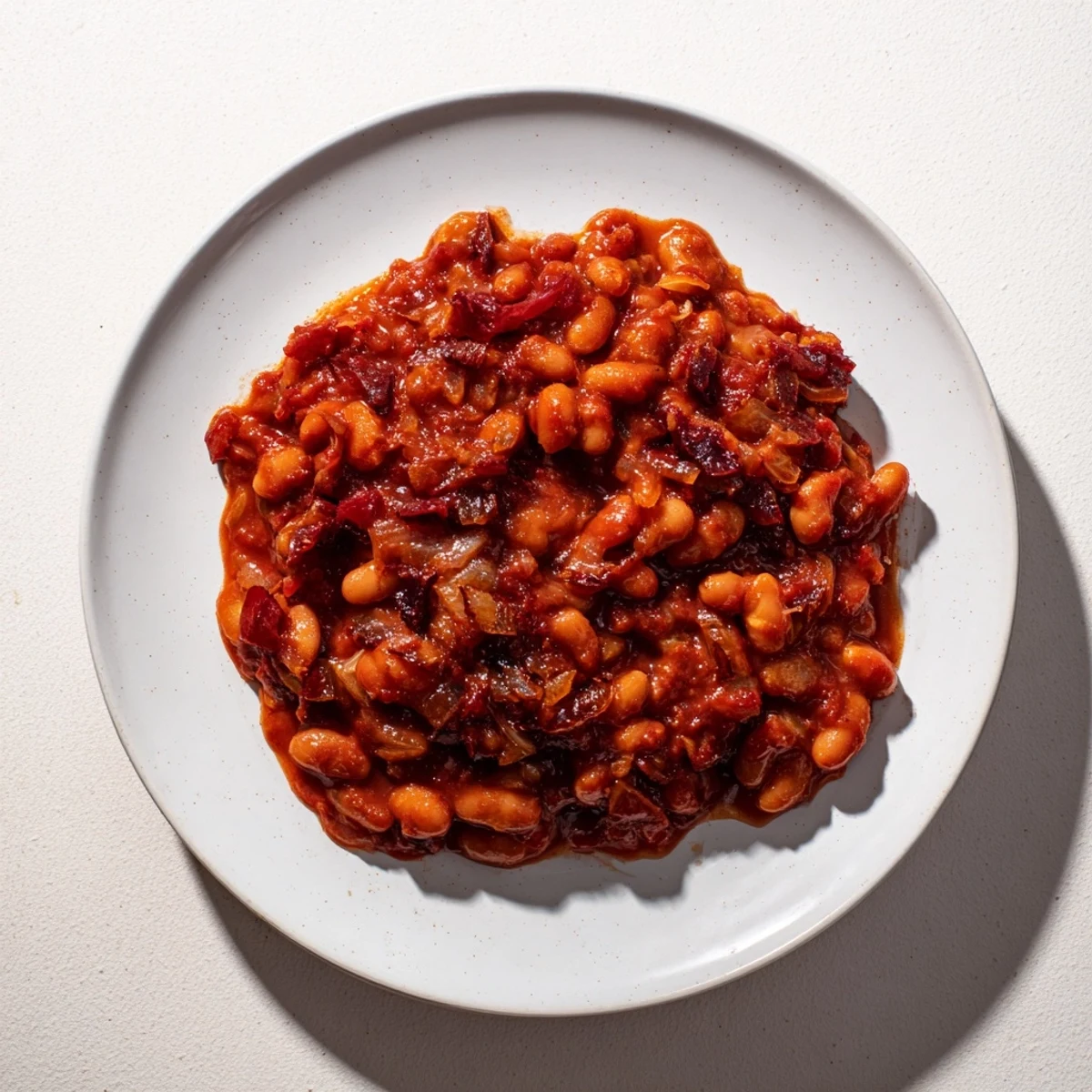 A close-up of a flavorful pot of baked beans, simmering after slow baking in the oven.
