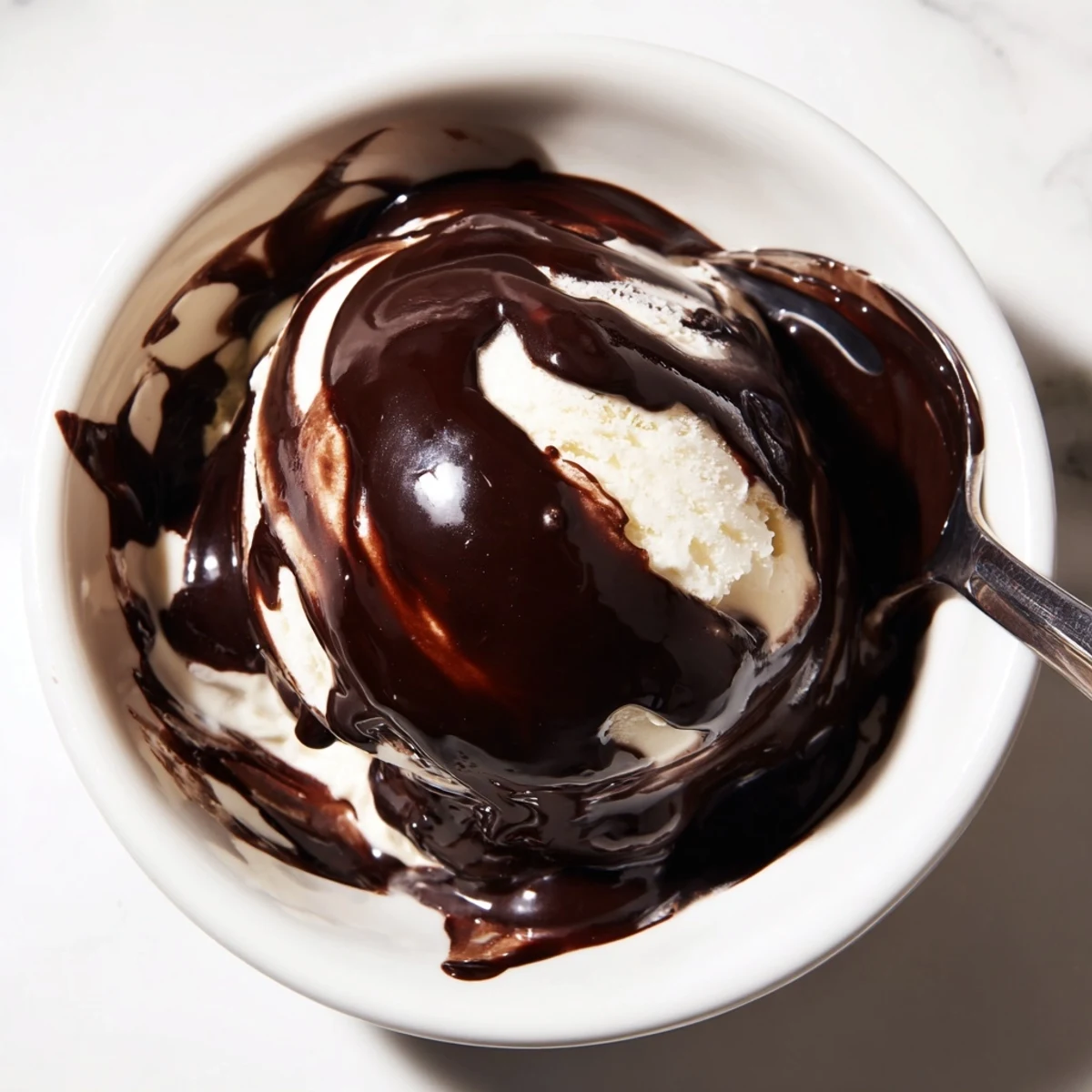 Pouring glossy chocolate syrup over a bowl of vanilla ice cream, ready to enjoy.