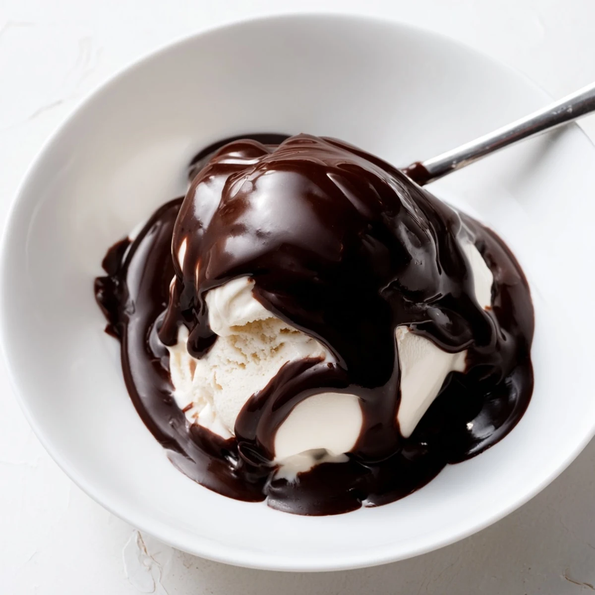 Rich chocolate syrup, perfect for desserts, looks fudgy, warm, and ready to be made.