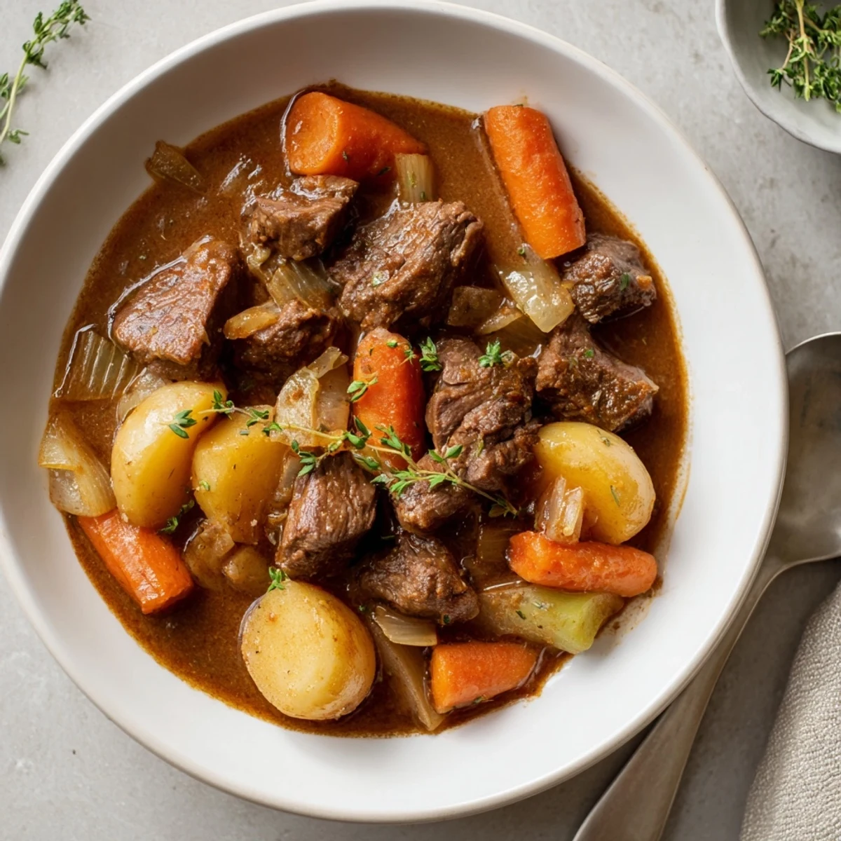 Close-up of a bowl filled with flavorful beef and Guinness-Style Stew, served alongside crusty bread.