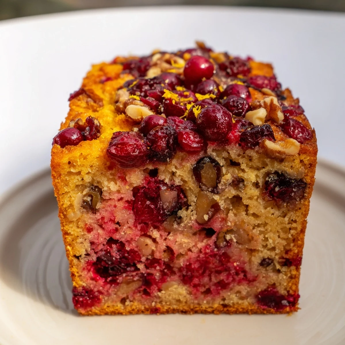 Close-up photo of moist Cranberry Orange Bread, showing juicy cranberries baked inside the loaf.