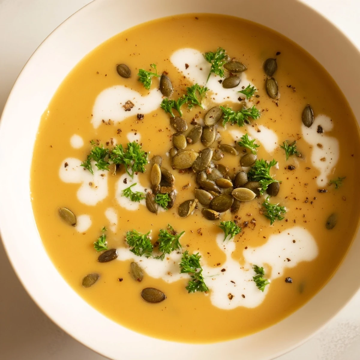 A close-up view of flavorful Savory Pumpkin Soup, showcasing the roasted pumpkin's vibrant color.