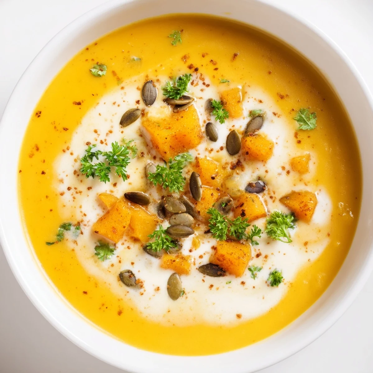 Golden, creamy pureed Savory Pumpkin Soup, perfect for a cozy autumn dinner, ready to serve.