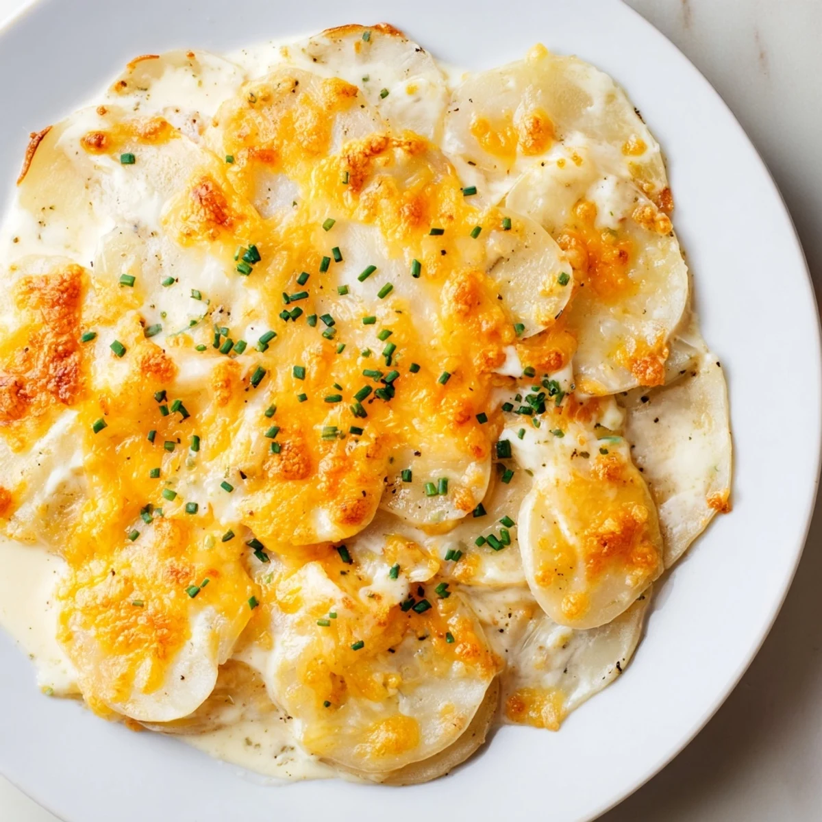 A close-up shot of rich, creamy cheesy scalloped potatoes, layered with melted cheese and ready to serve.