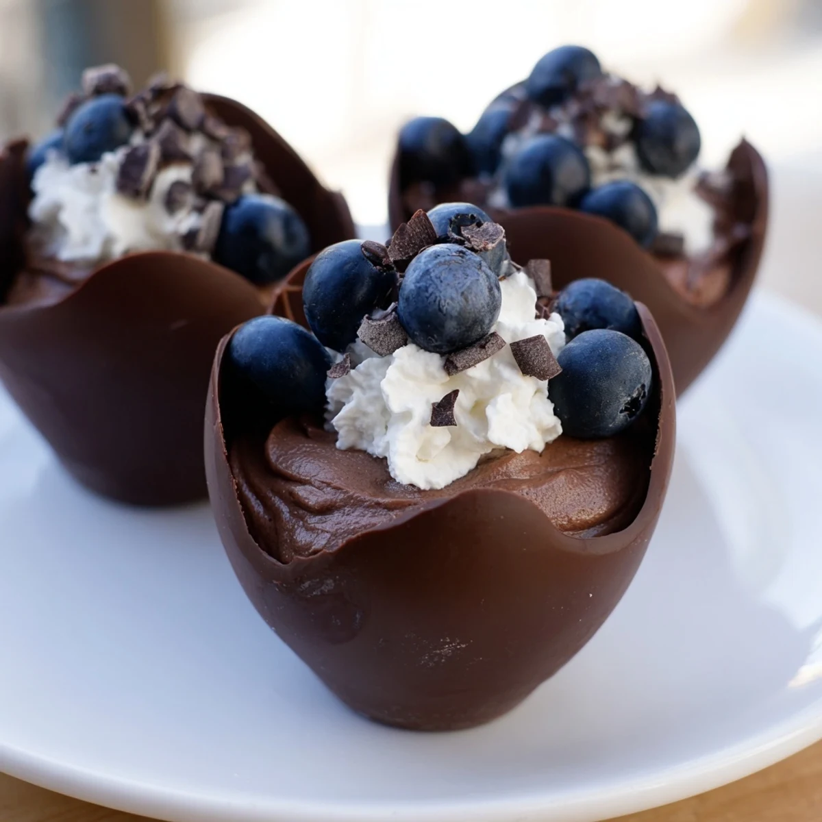 Elegant chocolate mousse cups, rich and dark, ready to be devoured after chilling perfectly.