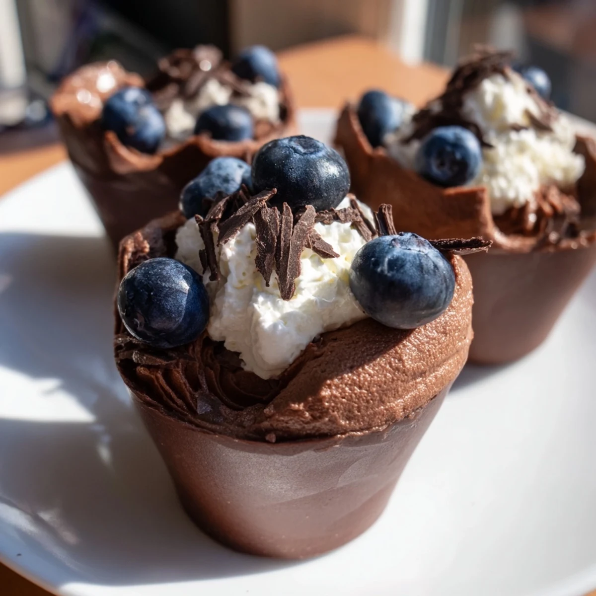 A beautiful close-up of decadent chocolate mousse cups, garnished with fresh berries and ready to eat.