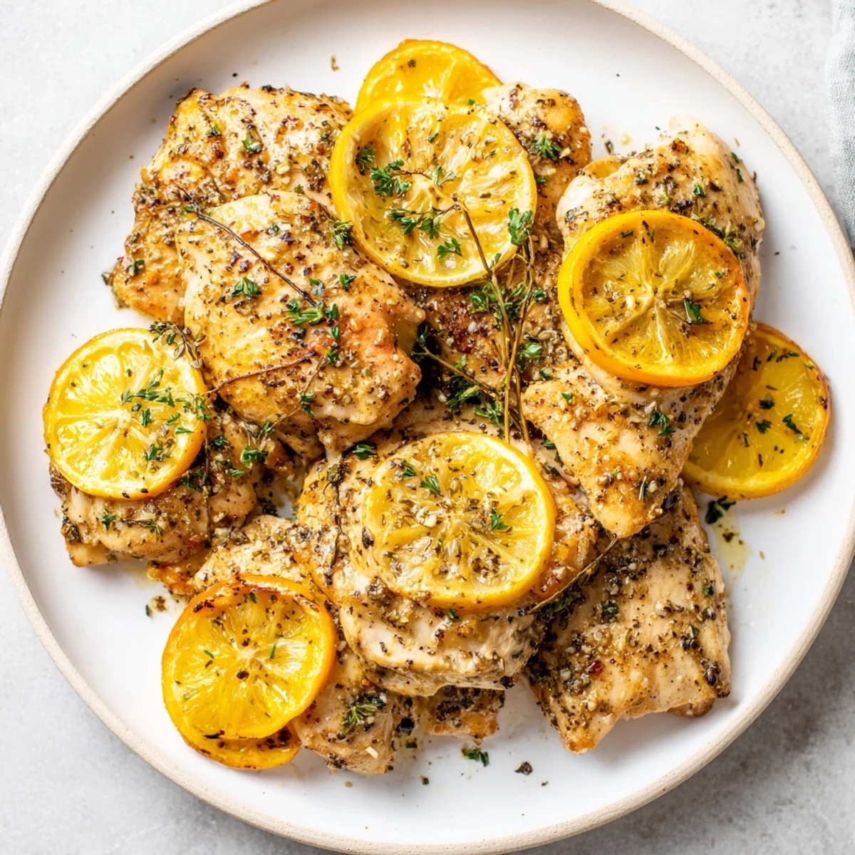 Golden-brown baked Lemon Pepper Chicken, glistening with lemon and herbs, ready for serving.