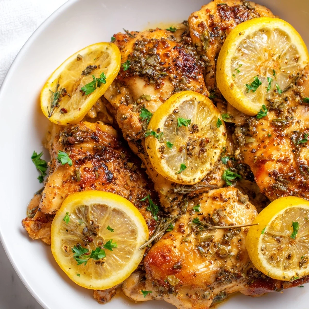 Succulent, flavorful Lemon Pepper Chicken, with crispy edges, garnished with lemon slices and parsley.