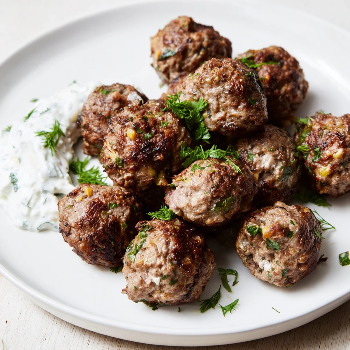 Golden-brown Spiced Lamb Meatballs sit nestled on a white plate, ready to be enjoyed with yogurt sauce.