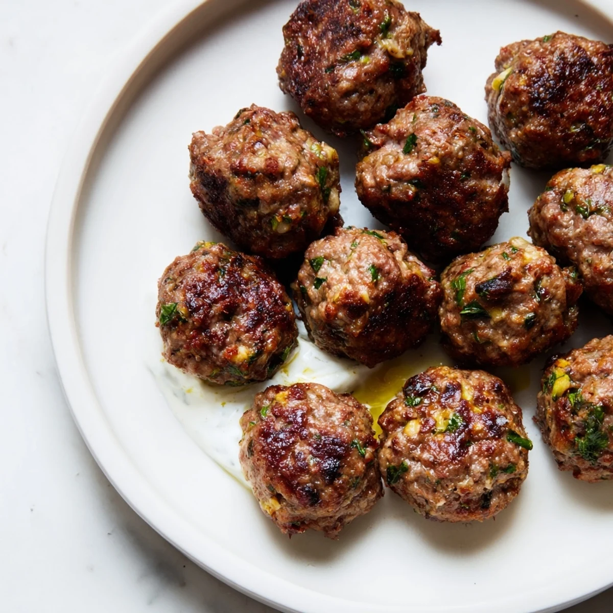 Creamy yogurt sauce accompanies flavorful Spiced Lamb Meatballs, a Middle Eastern culinary delight, ready to eat.