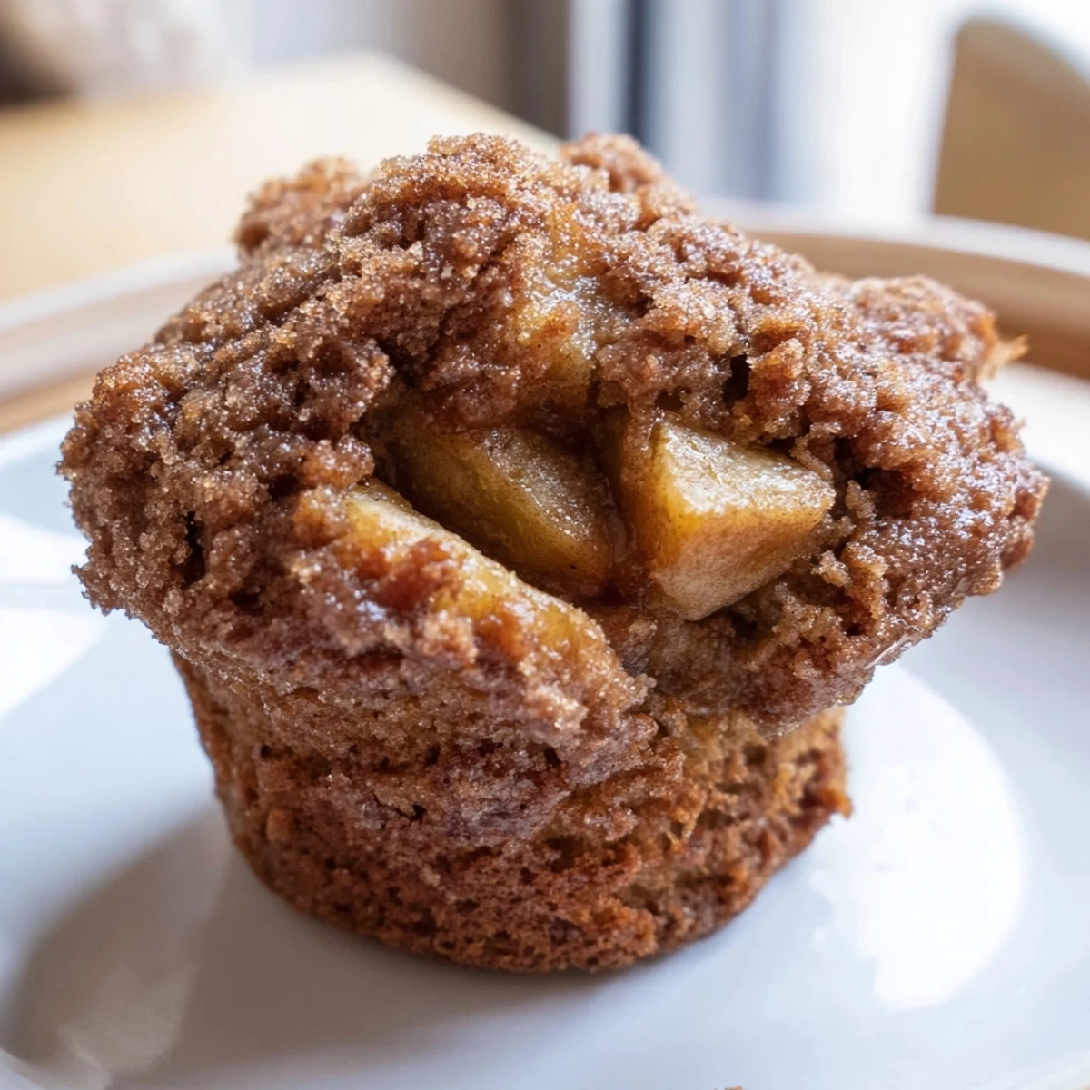 Close-up of fluffy cinnamon apple muffins, showing soft interior and sugary, crunchy topping.