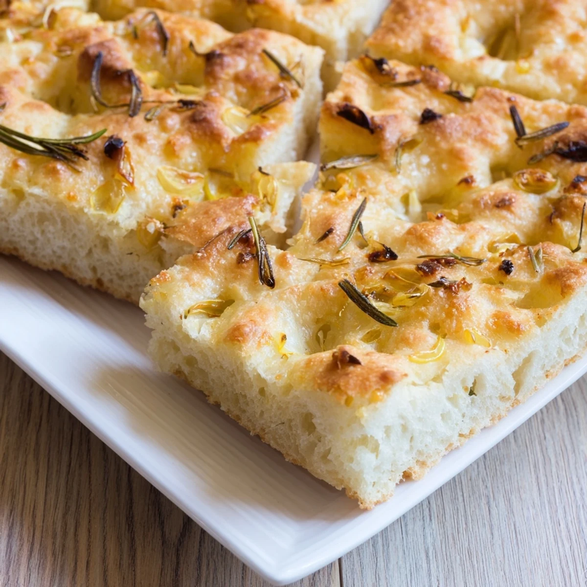 Golden brown Garlic Herb Focaccia Bread with crispy edges, ready to enjoy with a warm soup.