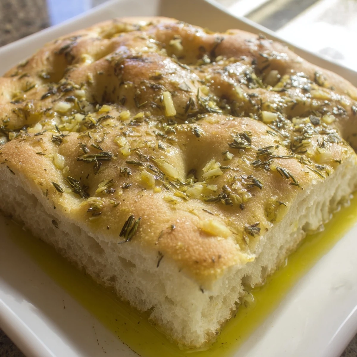 Freshly baked Garlic Herb Focaccia Bread, dimpled and glistening with olive oil and herbs.