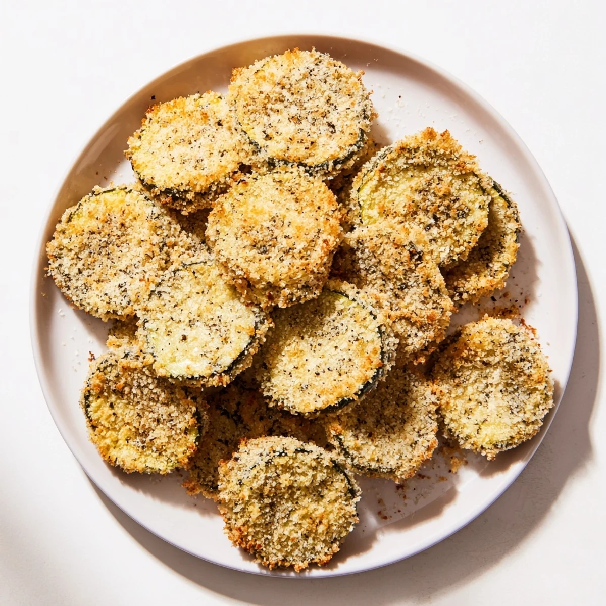 Warm, freshly baked Parmesan zucchini chips on a baking sheet, ideal for sharing with dipping sauces.