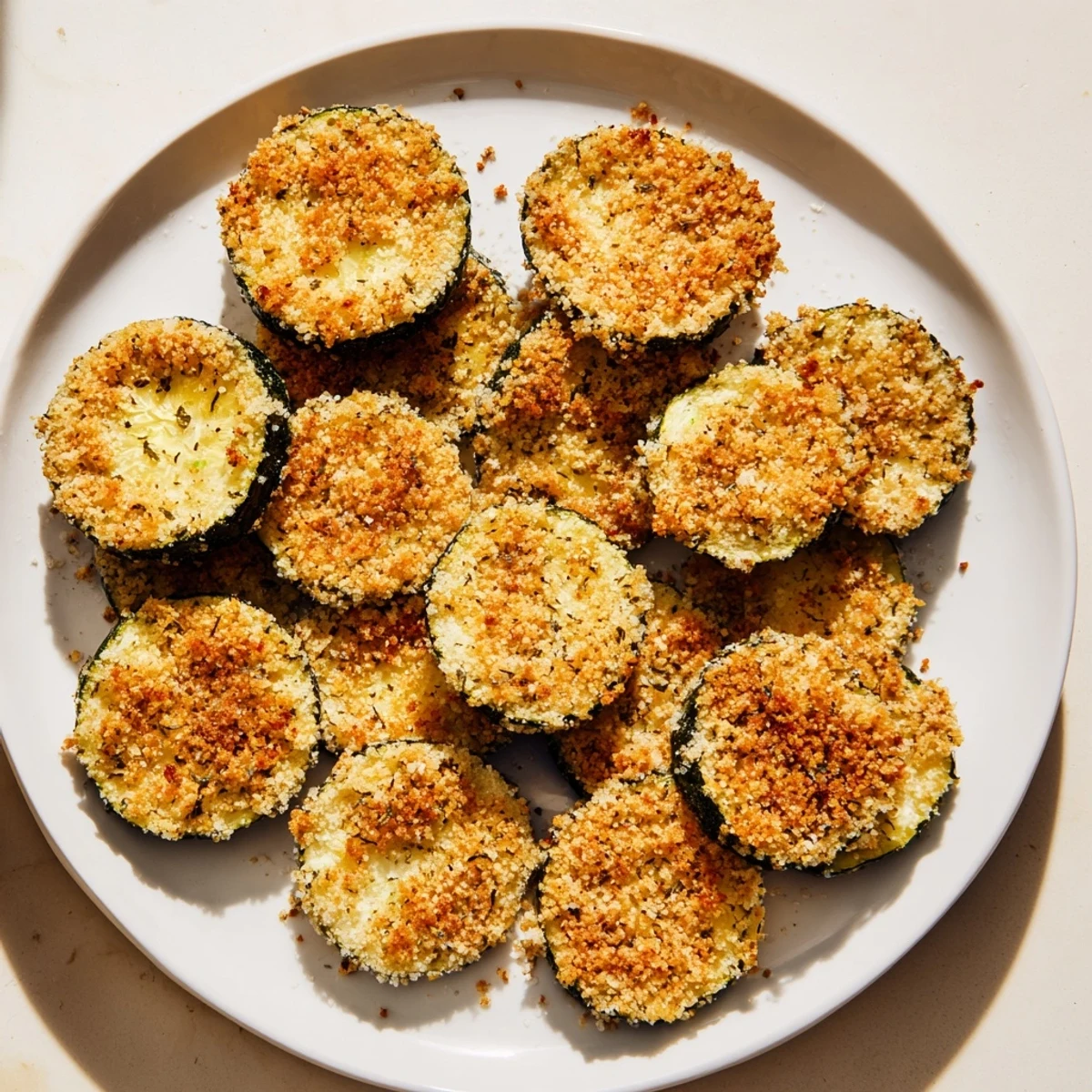 Close-up of baked Parmesan zucchini chips with a cheesy, irresistible crust; a delicious appetizer.