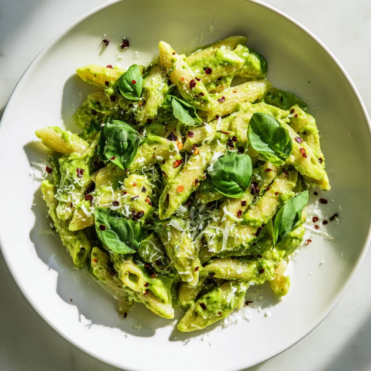 This Creamy Avocado and Spinach Pasta shows a gorgeous, bright green sauce coating the cooked pasta.