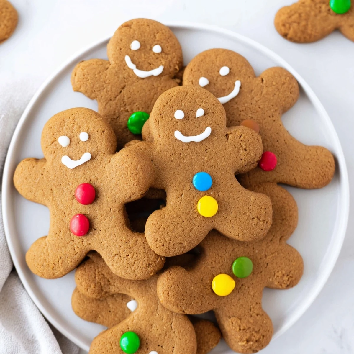 A platter of whimsical Gingerbread Men Cookies, frosted with festive icing and colorful sprinkles.