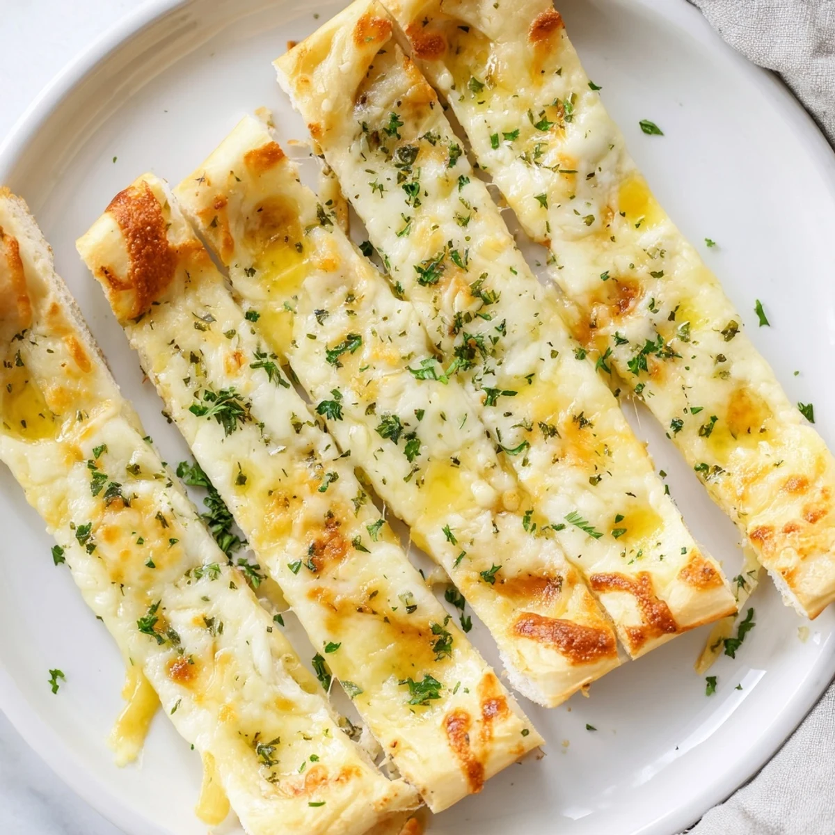 Golden, bubbly Cheesy Garlic Breadsticks fresh from the oven, ready for dipping in marinara sauce.