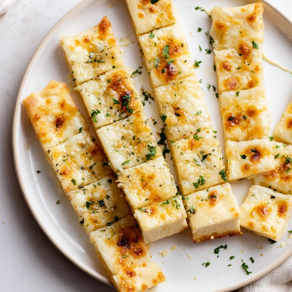 View of delicious, crispy-edged Cheesy Garlic Breadsticks with a generous covering of cheese and herbs.