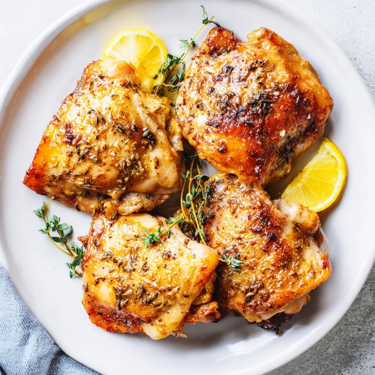Golden-brown roasted chicken thighs with lemon and oregano, perfect for a flavorful weeknight meal.