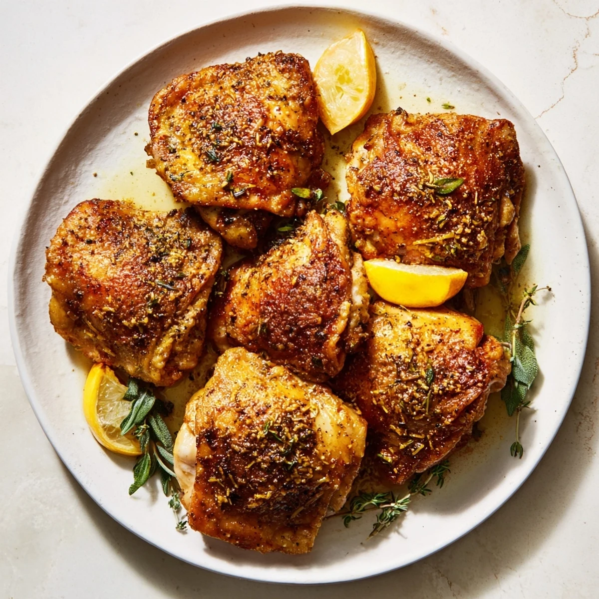 Juicy roasted chicken thighs, marinated in lemon and oregano, ready to serve with lemon wedges.