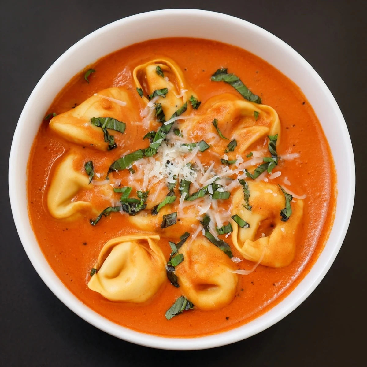Creamy Tomato and Tortellini Soup, garnished with fresh basil, showcasing a bowl's rich flavors.