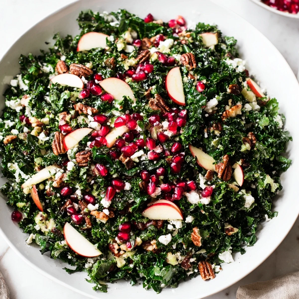 Vibrant Winter Kale Salad with Pomegranate, bursting with ruby seeds and toasted pecans, ready to serve.