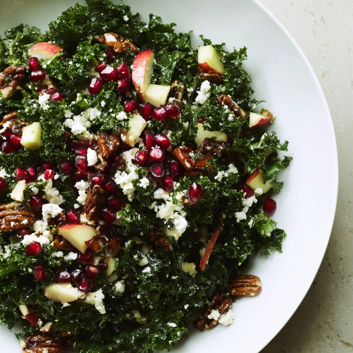 Freshly tossed Winter Kale Salad with Pomegranate, a colorful vegetarian side dish for a winter meal.