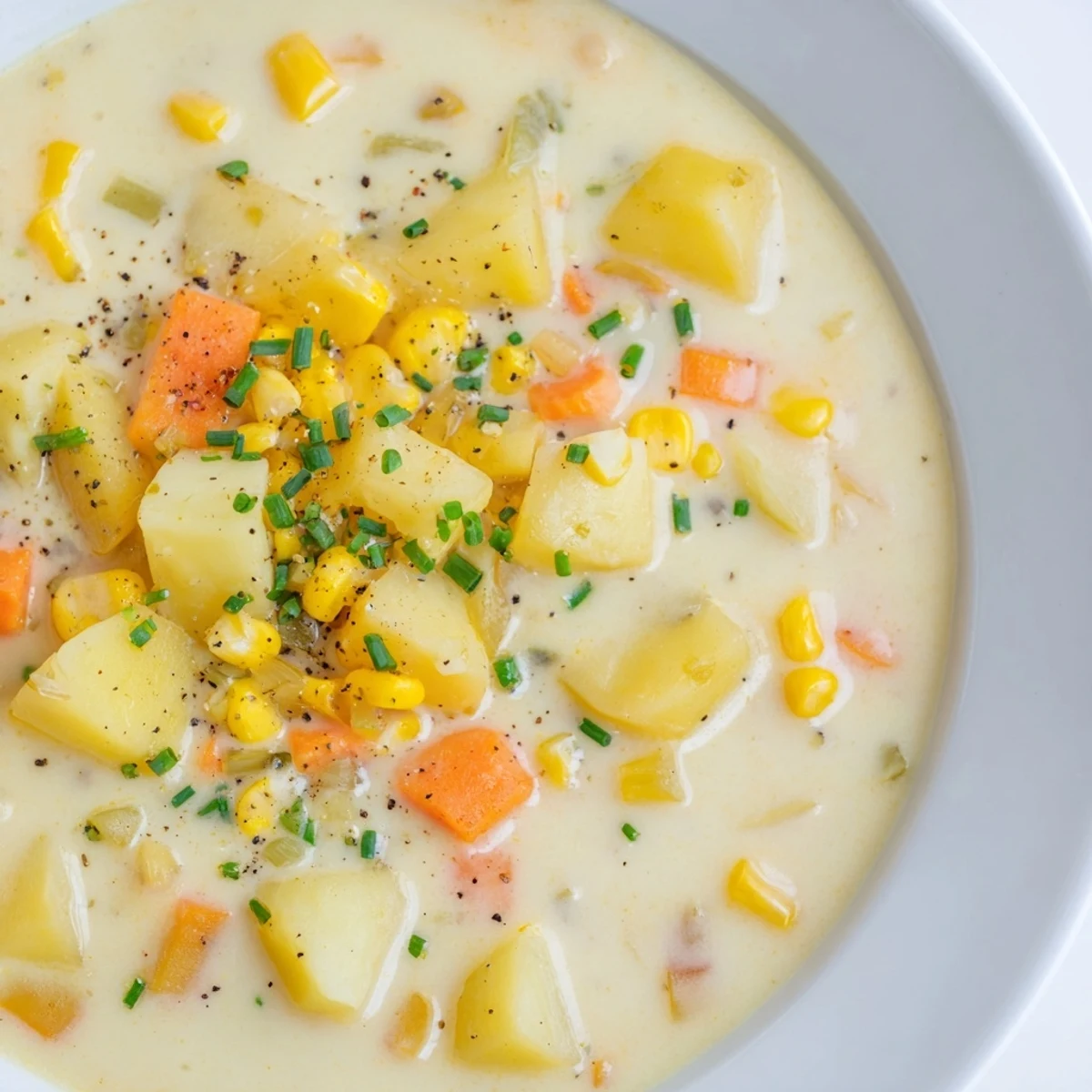 A bowl of creamy corn chowder, garnished with herbs, ready to be enjoyed.