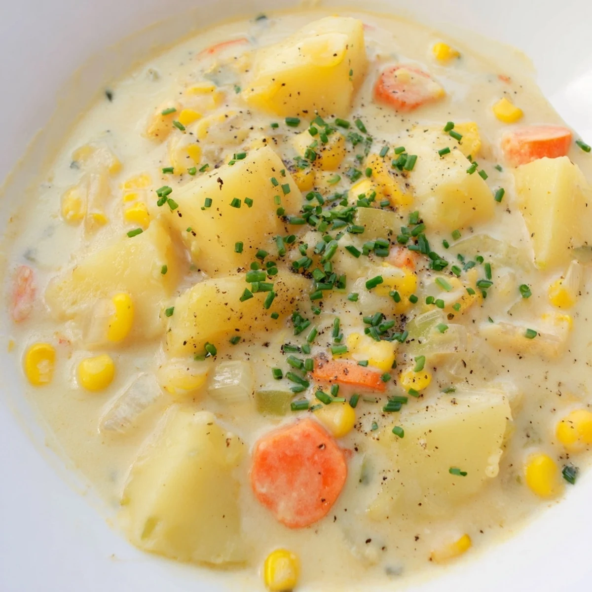 Warm, creamy corn chowder, a delicious vegetarian soup with vibrant corn kernels.