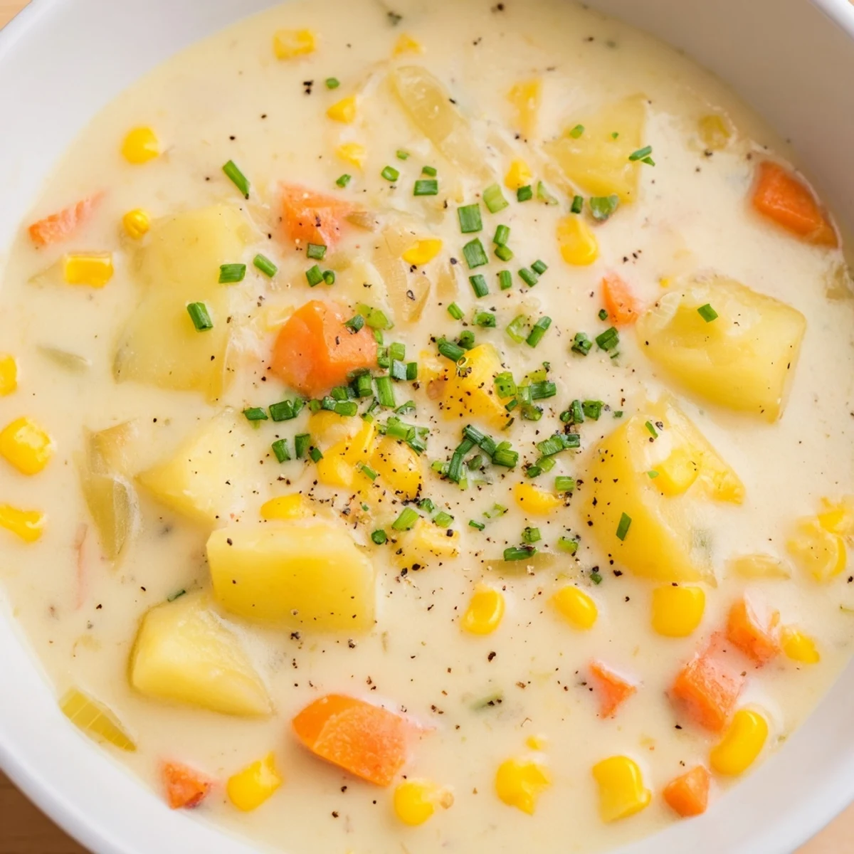 Close-up of a steaming bowl of creamy corn chowder, perfect for a cozy dinner.