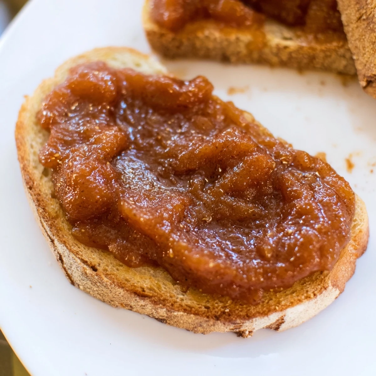Warm, spiced Apple Butter on toast, a comforting breakfast with golden, toasted bread and aroma.