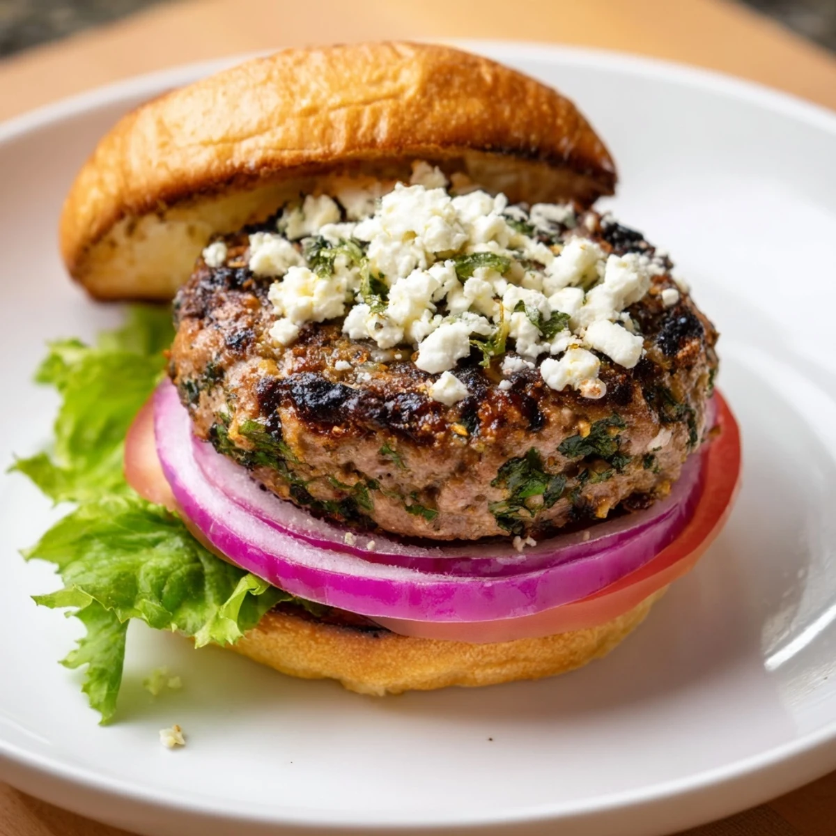 Freshly grilled savory lamb burgers with feta, served with vibrant toppings—a delicious Mediterranean meal.