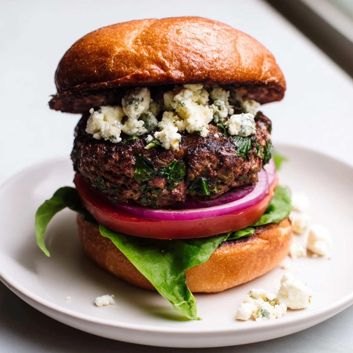 Close up shows a delicious savory lamb burger with feta, a hearty and flavorful dinner option.