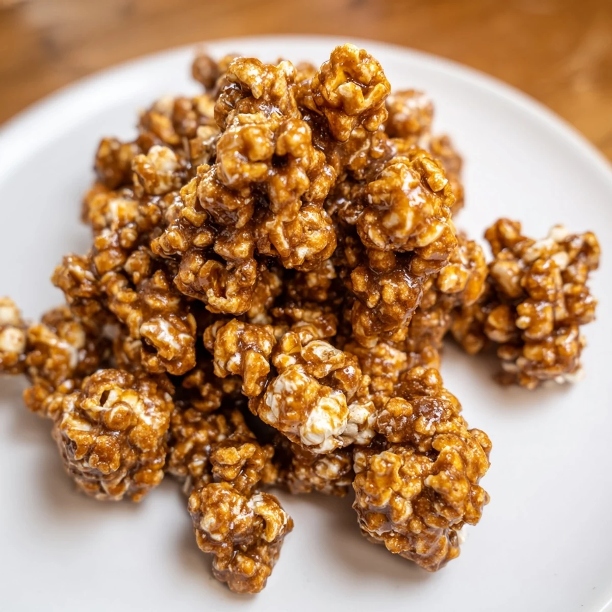 Sweet, spice-coated gingerbread popcorn, ready to serve in a clear, glass bowl.