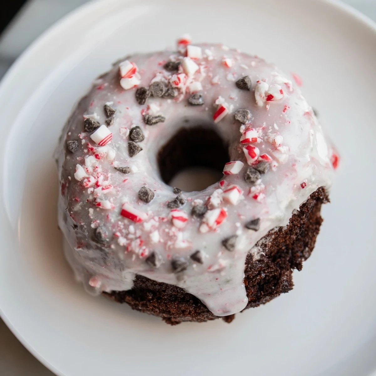 Fluffy Peppermint Mocha Donuts coated in peppermint glaze and sparkling candy pieces.