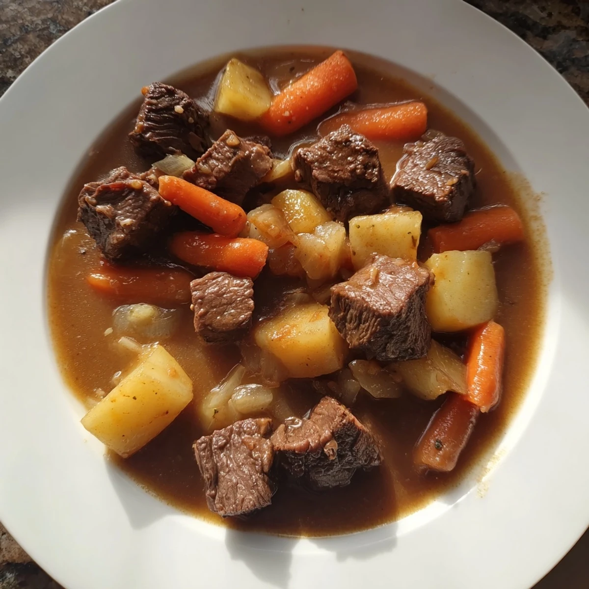 A steaming bowl of classic Beef Stew with Root Vegetables, offering a taste of home-cooked comfort.