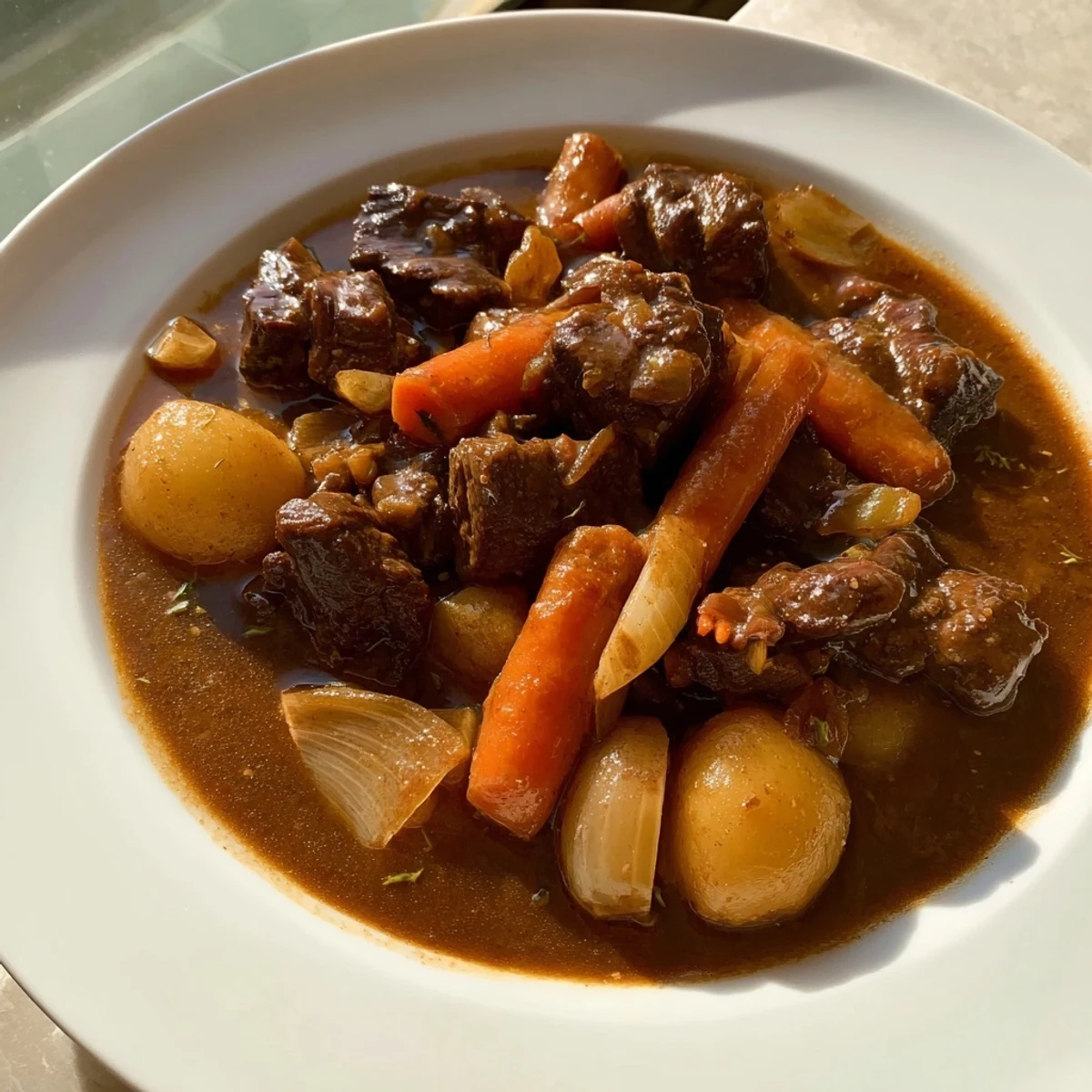 Tender beef stew with root vegetables, aromatically simmering and ready to spoon out for dinner tonight.